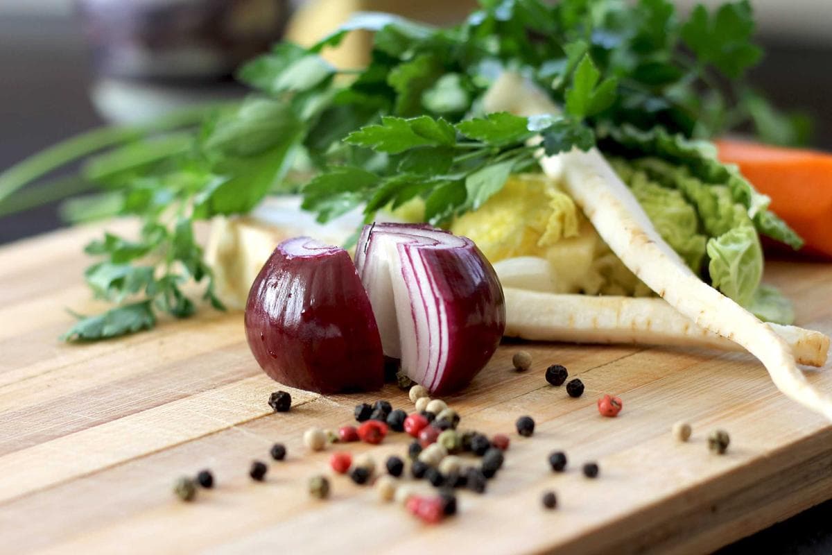 Fresh ingredients on a chopping board, shallow focus